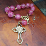 Catholic Rose Pink Glass Antique Gold Pocket Rosary