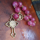 Catholic Rose Pink Glass Antique Gold Pocket Rosary