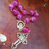 Catholic Rose Pink Glass Antique Gold Pocket Rosary
