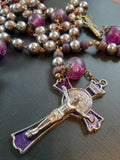 heirloom St Benedict Praying Madonna Catholic Rosary. Handmade Indian glass beads, wooden beads and soft metallic pearl beads. Kim Williams Rosaries. The Village Artist.