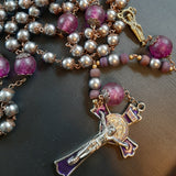heirloom St Benedict Praying Madonna Catholic Rosary. Handmade Indian glass beads, wooden beads and soft metallic pearl beads. Kim Williams Rosaries. The Village Artist.