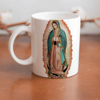 Collection of Our Lady of Guadalupe beautiful ceramic sublimation mugs with Catholic prints to remind us of our faith and to encourage us to pray daily. Dishwasher proof.