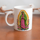 Collection of Our Lady of Guadalupe beautiful ceramic sublimation mugs with Catholic prints to remind us of our faith and to encourage us to pray daily. Dishwasher proof.