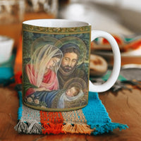 Collection of The Holy Family beautiful ceramic sublimation mugs with Catholic prints to remind us of our faith and to encourage us to pray daily. Dishwasher proof.