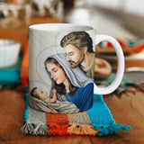 Collection of The Holy Family beautiful ceramic sublimation mugs with Catholic prints to remind us of our faith and to encourage us to pray daily. Dishwasher proof.