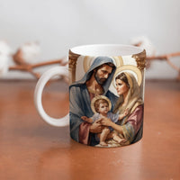 Collection of The Holy Family beautiful ceramic sublimation mugs with Catholic prints to remind us of our faith and to encourage us to pray daily. Dishwasher proof.