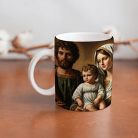 Collection of The Holy Family beautiful ceramic sublimation mugs with Catholic prints to remind us of our faith and to encourage us to pray daily. Dishwasher proof.