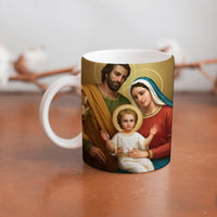 Collection of The Holy Family beautiful ceramic sublimation mugs with Catholic prints to remind us of our faith and to encourage us to pray daily. Dishwasher proof.