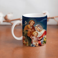 Collection of The Holy Family beautiful ceramic sublimation mugs with Catholic prints to remind us of our faith and to encourage us to pray daily. Dishwasher proof.