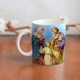 Collection of The Holy Family beautiful ceramic sublimation mugs with Catholic prints to remind us of our faith and to encourage us to pray daily. Dishwasher proof.