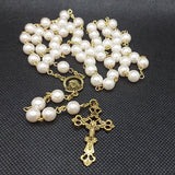 Mater Dolorosa Our Lady of Sorrows Loreta Crucifix vintage pearl rosary, the village artist, Kim Williams rosaries