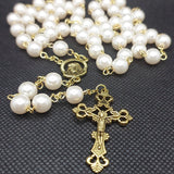 Mater Dolorosa Our Lady of Sorrows Loreta Crucifix vintage pearl rosary, the village artist, Kim Williams rosaries
