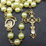 Mater Dolorosa Our Lady of Sorrows Loreta Crucifix vintage pearl rosary, the village artist, Kim Williams rosaries