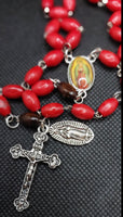 Beautiful red wooden Guadalupe center piece, Medjugorje ornate Crucifix and vintage silver Our Lady of Guadalupe medallion.  Kim Williams Rosaries, the Village Artist.
