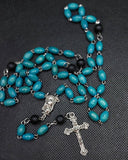 Beautiful detailed Medjugorje turquoise blue wooden and black glass Madonna and Child Sacred Heart Rosary. Kim Williams Rosaries. The Village artist.