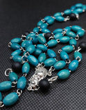 Beautiful detailed Medjugorje turquoise blue wooden and black glass Madonna and Child  Sacred Heart Rosary. Kim Williams Rosaries. The Village artist.