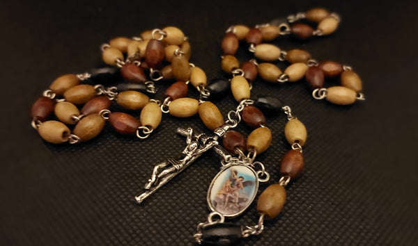 Beautiful natural shades of wooden beads St Michael Rosary with 4D Papal Crucifix. Kim Williams  Rosaries. The Village Artist.