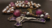 heirloom St Benedict Praying Madonna Catholic Rosary. Handmade Indian glass beads, wooden beads and soft metallic pearl beads. Kim Williams Rosaries. The Village Artist.