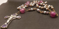 heirloom St Benedict Praying Madonna Catholic Rosary. Handmade Indian glass beads, wooden beads and soft metallic pearl beads. Kim Williams Rosaries. The Village Artist.