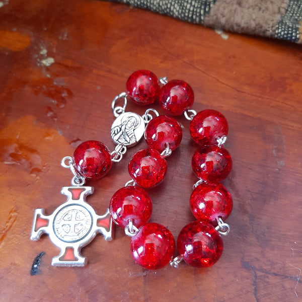 Catholic Rose Red Glass St Benedict Pocket Rosary