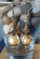 beautiful pearl golden yellow  and antique bronze handmade earrings, pearl and antique gold earrings