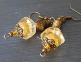 beautiful pearl golden yellow  and antique bronze handmade earrings, pearl and antique gold earrings