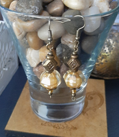 beautiful pearl golden yellow  and antique bronze handmade earrings, pearl and antique gold earrings