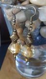 beautiful pearl golden yellow  and antique bronze handmade earrings, pearl and antique gold earrings